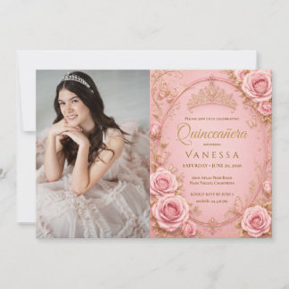 Rosa und Goldene Foto-Quinceanera-Einladung Einladung