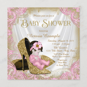Rosa und goldene Glitter-Schuhe Perlen-Baby-Party Einladung