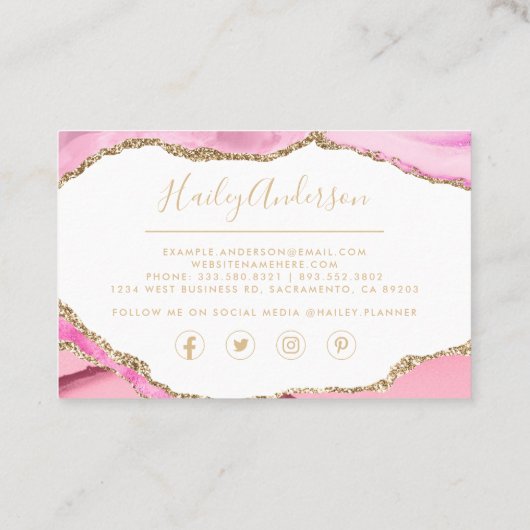 Rosa und goldene Glitzer Aquarellfarbe Gilde Agate Visitenkarte (Rückseite)