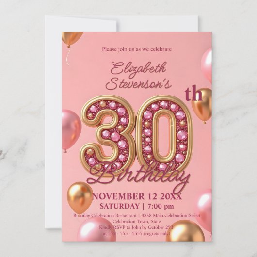 Rosa und goldene glühende Edelsteine 30. Geburtsta Einladung (Vorderseite)