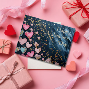 Rosa und goldene Herzen im dunkelgelben Valentinst Postkarte