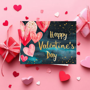 Rosa und goldene Herzen im dunkelgelben Valentinst Postkarte