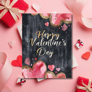 Rosa und goldene Herzen im dunkelgelben Valentinst Postkarte