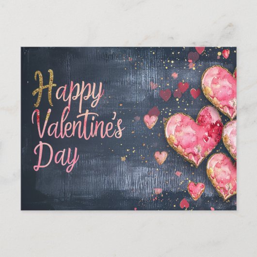 Rosa und goldene Herzen im dunkelgelben Valentinst Postkarte (Vorderseite)