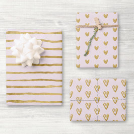 Rosa und goldene Herzen und Linien Geschenkpapier Set