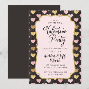 Rosa und goldene Herzen Valentins-Party Einladung
