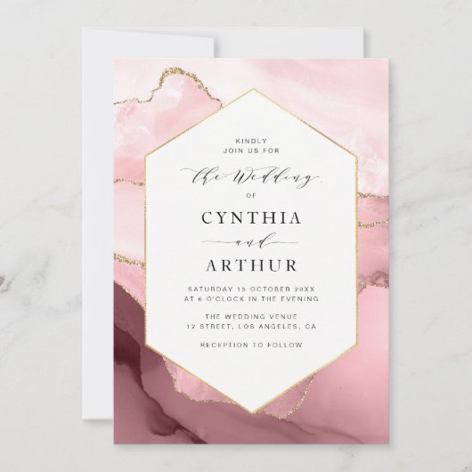 Rosa und goldene Hochzeit im eleganten Rahmen Einladung (Vorderseite)