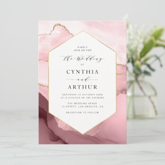 Rosa und goldene Hochzeit im eleganten Rahmen Einladung (Stehend Vorderseite)