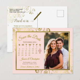 Rosa und goldene Hochzeit-Save-the-Date-Kalender-F Ankündigungspostkarte
