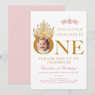 Rosa und goldene Kleine Prinzessin 1. Geburtstags- Einladung
