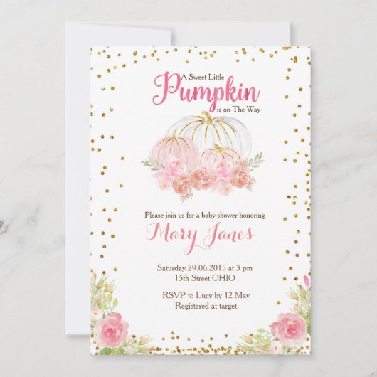 Rosa und goldene Kürbisbrunnendusche Einladung (Vorderseite)