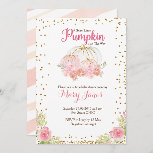 Rosa und goldene Kürbisbrunnendusche Einladung (Vorne/Hinten)