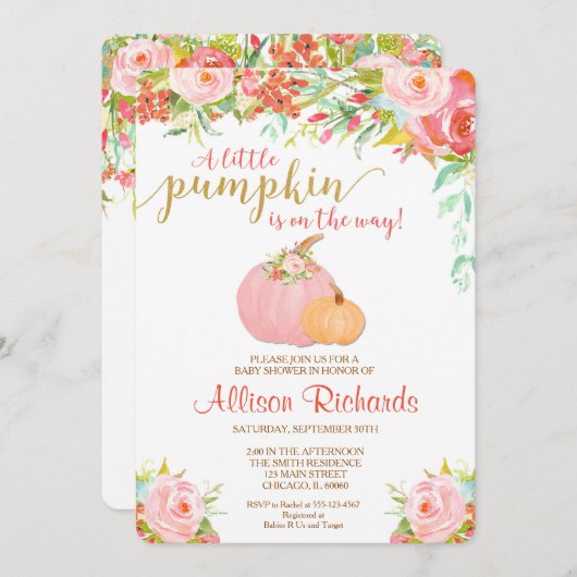 Rosa und goldene Kürbisdusche Einladung, fallen Einladung (Vorne/Hinten)