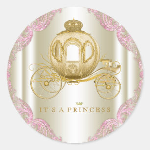 Rosa und goldene Kutsch-Prinzessin-Baby-Party Runder Aufkleber