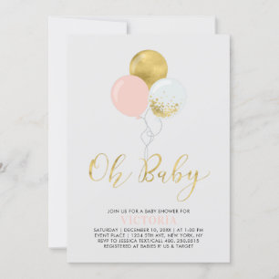 Rosa und goldene Luftballons   Oh Baby Girl Baby S Einladung