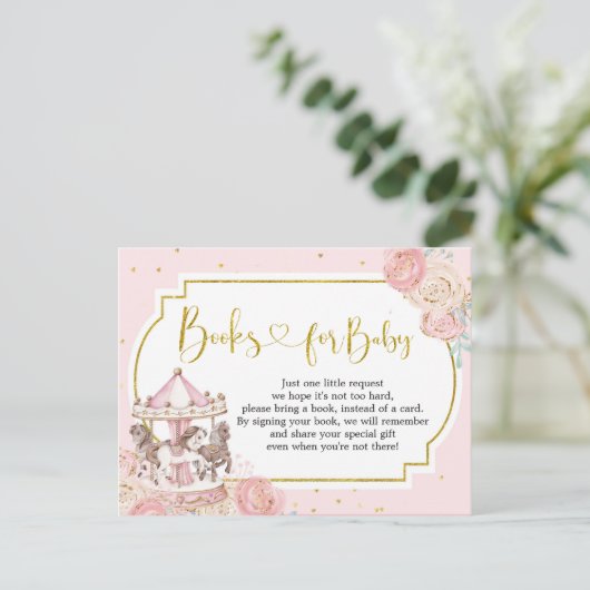 Rosa und goldene magische Karussellbücher für Kind Einladungspostkarte (Stehend Vorderseite)
