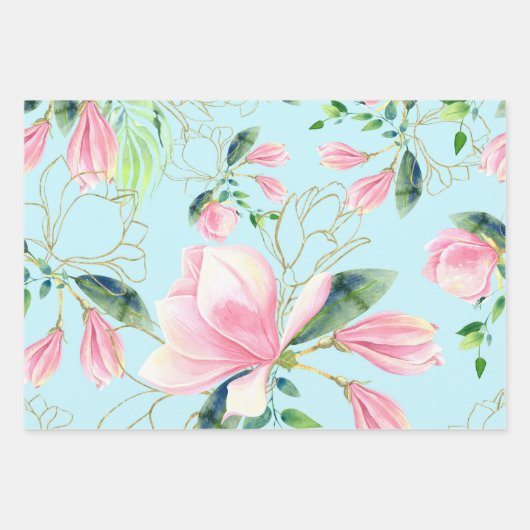 Rosa und goldene Magnolia Wasserfarbe Geschenkpapier Set (Vorderseite 2)