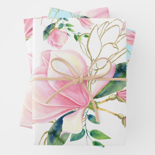 Rosa und goldene Magnolia Wasserfarbe Geschenkpapier Set (Beispiel)