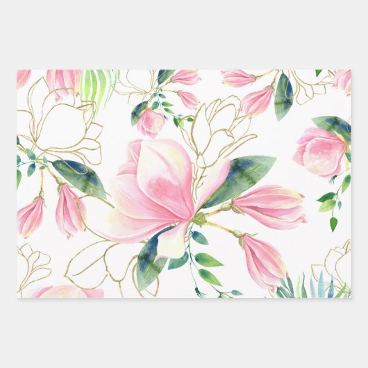 Rosa und goldene Magnolia Wasserfarbe Geschenkpapier Set (Vorderseite)