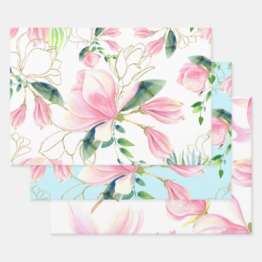 Rosa und goldene Magnolia Wasserfarbe Geschenkpapier Set (Set)