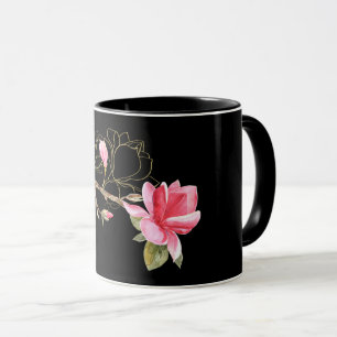 Rosa und goldene Magnolien auf schwarz Tasse