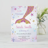 Rosa und goldene Meerjungfrau Glitzer Schwanz Einl Einladung (Stehend Vorderseite)