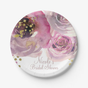 Rosa und goldene moderne Floral-Aquarell-Brautpart Pappteller