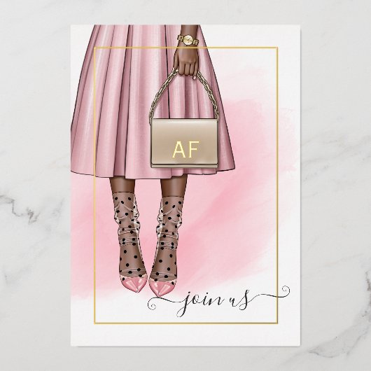 Rosa und goldene Monogramm-Chic-Junggeselinnen-Abs Folieneinladung (Vorderseite)