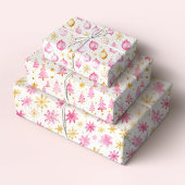Rosa und goldene Ornamente, Bäume und Schneeflocke Geschenkpapier Set