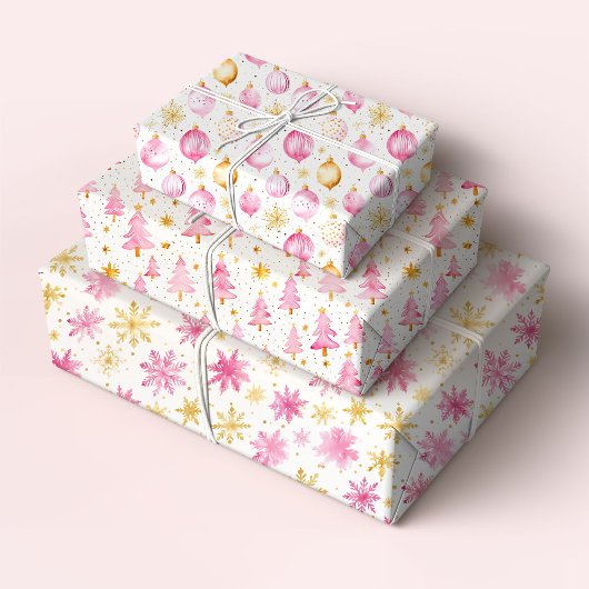 Rosa und goldene Ornamente, Bäume und Schneeflocke Geschenkpapier Set
