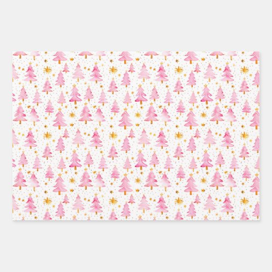 Rosa und goldene Ornamente, Bäume und Schneeflocke Geschenkpapier Set (Vorderseite 2)
