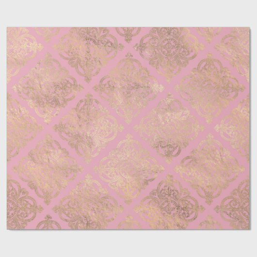 Rosa und goldene Pariser Forelle Damask Geschenkpapier (Flach)