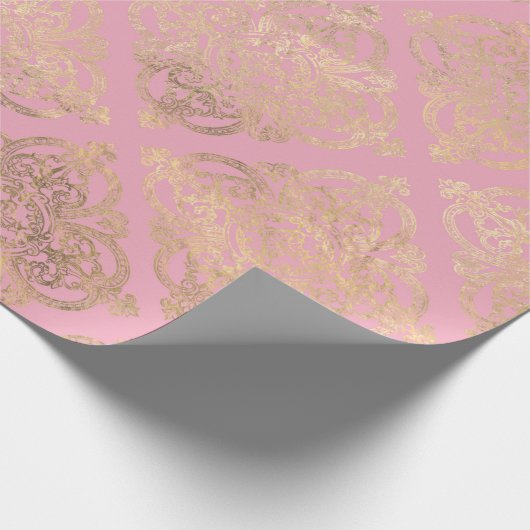 Rosa und goldene Pariser Forelle Damask Geschenkpapier (Ecke)