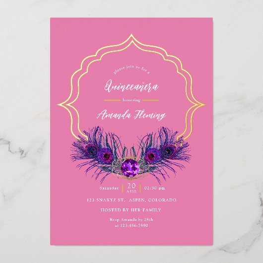 Rosa und goldene Pfauenflora Pinacoteca Folieneinladung (Vorderseite)