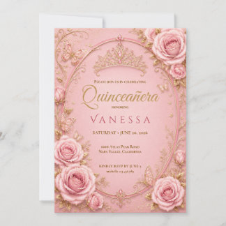 Rosa und Goldene Quinceanera-Einladung Einladung