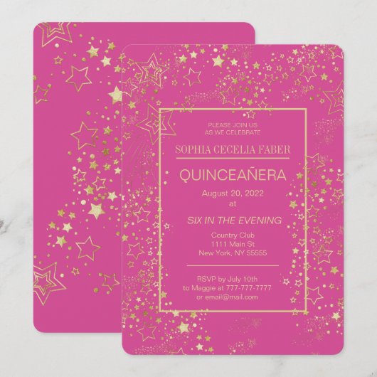 Rosa und goldene Quinceñera-Party Einladung (Vorne/Hinten)
