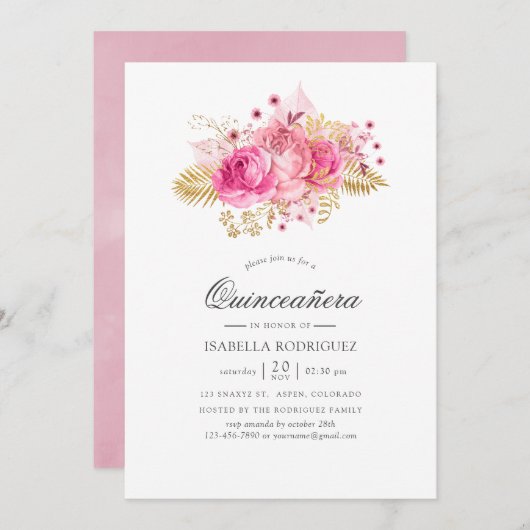 Rosa und goldene Rose Aquarellfarben Einladung (Vorne/Hinten)