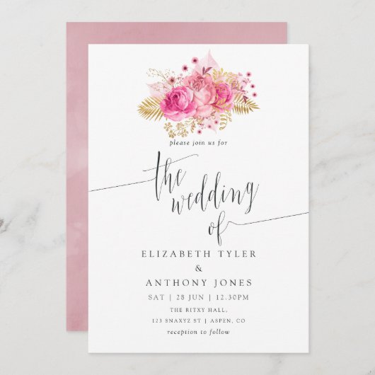 Rosa und goldene Rose Einladung zur Hochzeitsfeier (Vorne/Hinten)