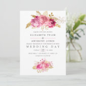 Rosa und goldene Rose Einladung zur Hochzeitsfeier (Stehend Vorderseite)