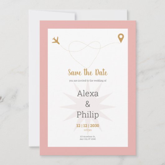 Rosa und goldene Save the Date Hochzeit Einladung (Vorderseite)