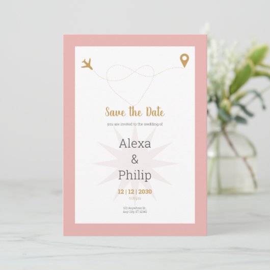 Rosa und goldene Save the Date Hochzeit Einladung (Stehend Vorderseite)