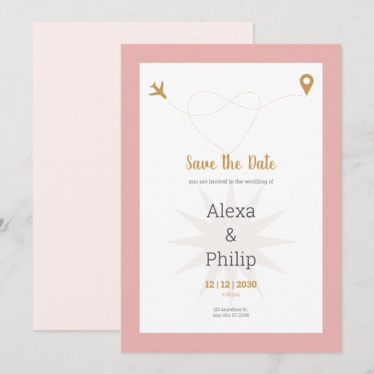 Rosa und goldene Save the Date Hochzeit Einladung (Vorne/Hinten)