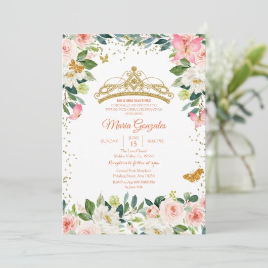 Rosa und goldene Schmetterling-Mis-Quinte Einladung (Stehend Vorderseite)