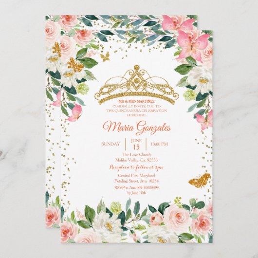 Rosa und goldene Schmetterling-Mis-Quinte Einladung (Vorne/Hinten)