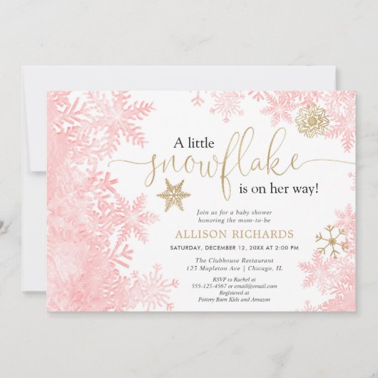 Rosa und goldene Schneeflocke Wintermädchendusche Einladung (Vorderseite)