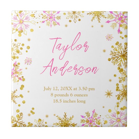 Rosa und goldene Schneeflocken Baby Birnenstatisti Fliese (Vorderseite)