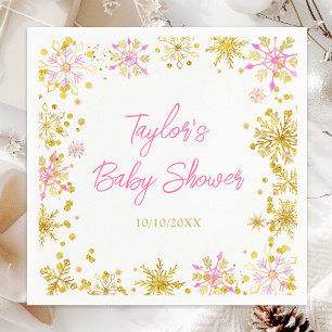 Rosa und goldene Schneeflocken-Baby-Party Serviette