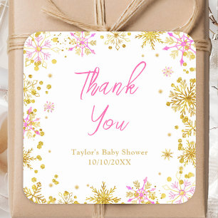 Rosa und goldene Schneeflocken Baby Shower Danke Quadratischer Aufkleber