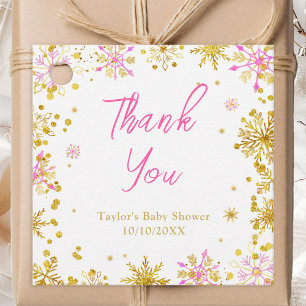 Rosa und Goldene Schneeflocken Baby Shower Dankesc Geschenkanhänger