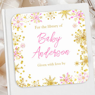 Rosa und goldene Schneeflocken Baby Shower Exlibri Quadratischer Aufkleber